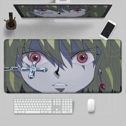 Long rectangular hunter x hunter mouse pad desk mat featuring anime character with green hair red eyes and silver cross chain