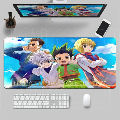 Blue and white hunter x hunter mouse pad featuring anime characters xxl non slip desk mat for gaming setup