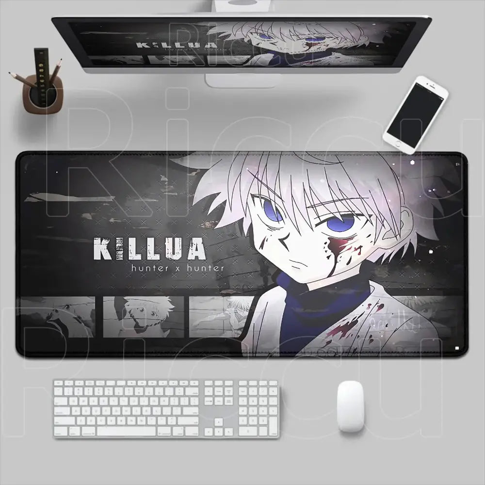 Black and gray hunter x hunter mouse pad featuring killua with white hair blue eyes and blood splatters on desk mat