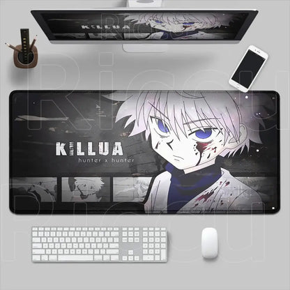 Black and gray hunter x hunter mouse pad featuring killua with white hair blue eyes and blood splatters on desk mat