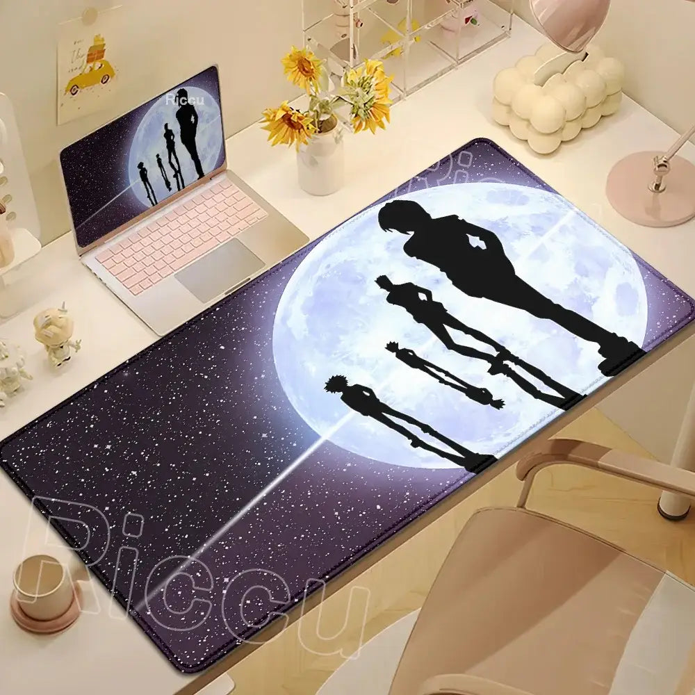 Rectangular dark purple hunter x hunter desk mat with black character silhouettes and large moon design non slip gaming mouse pad