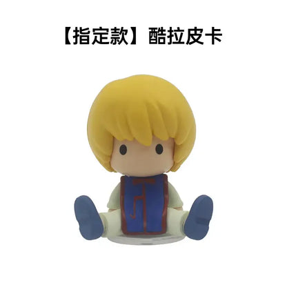 Yellow-haired chibi hunter x hunter pvc model ornament of seated character in blue vest and light pants