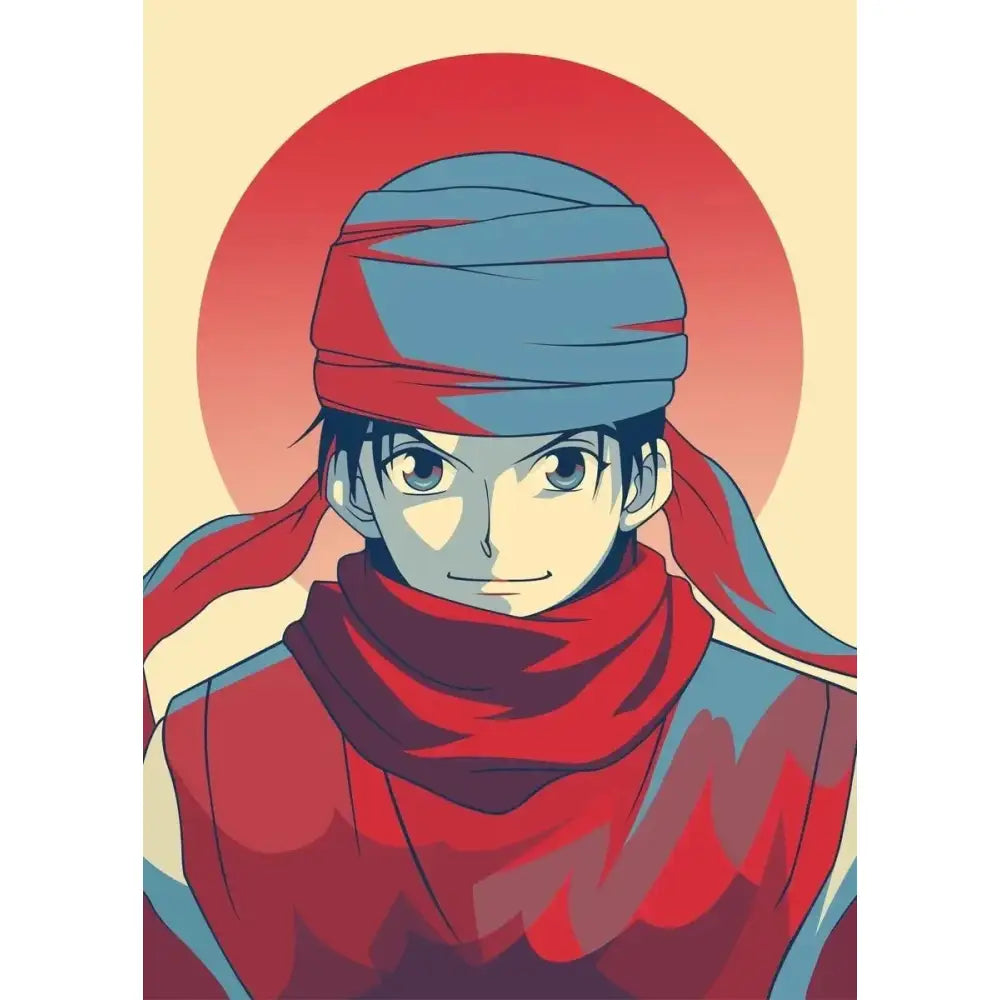 Hunter x hunter retro canvas print featuring an anime character with a blue and red headscarf and flowing red ribbons