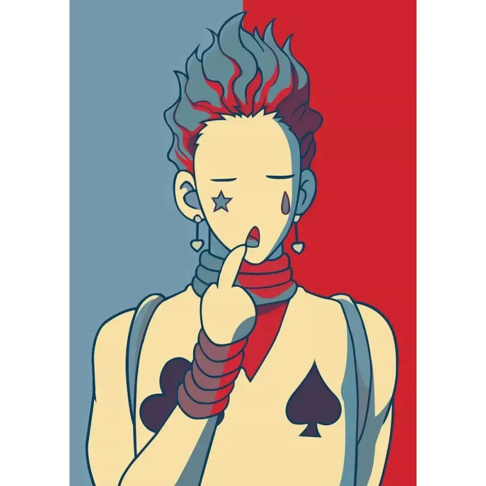 Hunter x hunter retro canvas print featuring a stylized anime character with spiky blue red hair and chest emblem