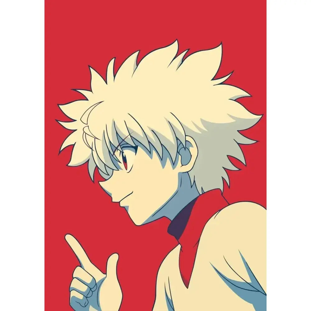 Hunter x hunter retro canvas print featuring a stylized anime character with white hair and red eyes for living room wall art