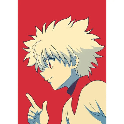 Hunter x hunter retro canvas print featuring a stylized anime character with white hair and red eyes for living room wall art