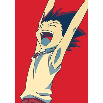 Hunter x hunter retro canvas print featuring a cartoon character with spiky dark blue hair and joyful grin for living room wall art