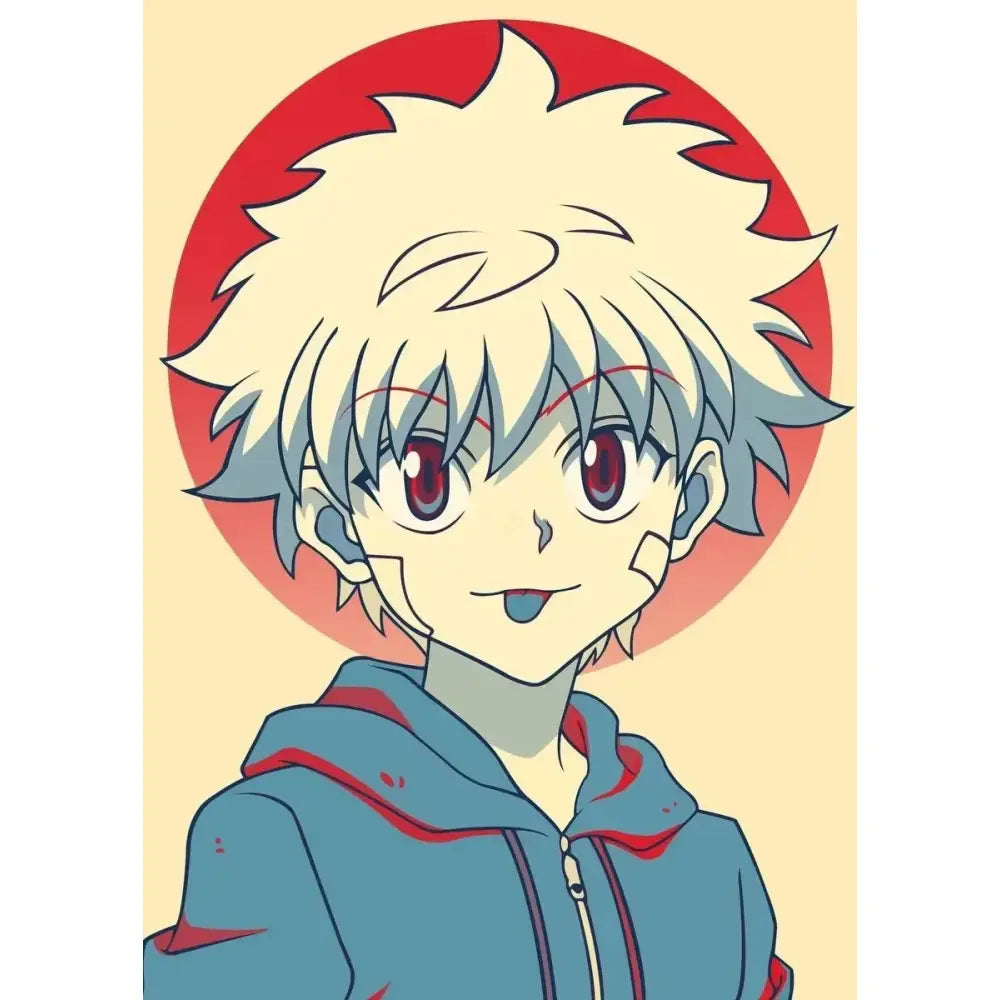Hunter x hunter retro canvas print featuring a cartoon character with spiky white and blue hair for living room wall art