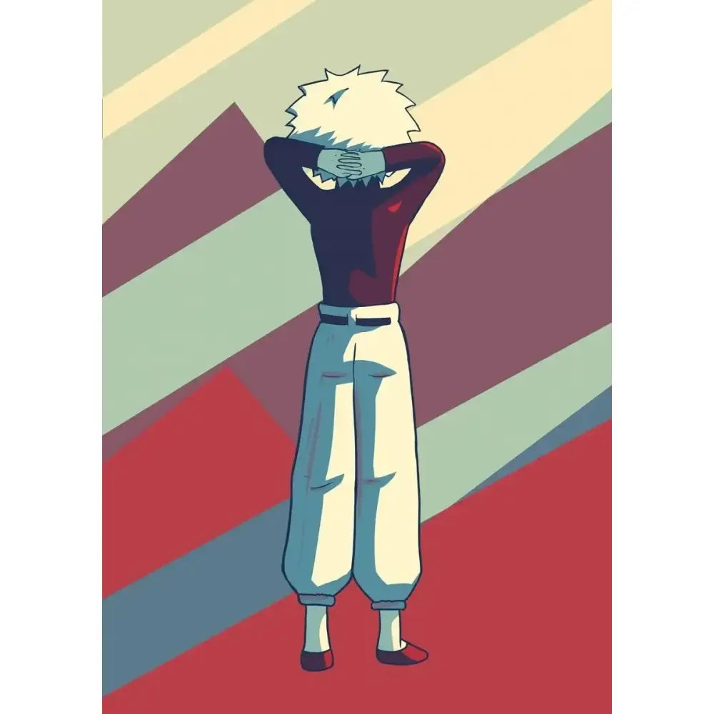 A hunter x hunter retro canvas print featuring a character with spiky white hair in red and blue attire