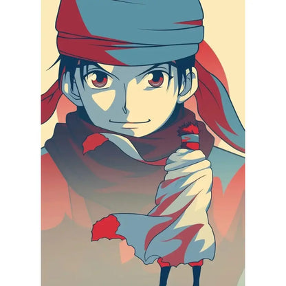 An anime-style hunter x hunter retro canvas print featuring a young male with a blue headscarf for living room wall art