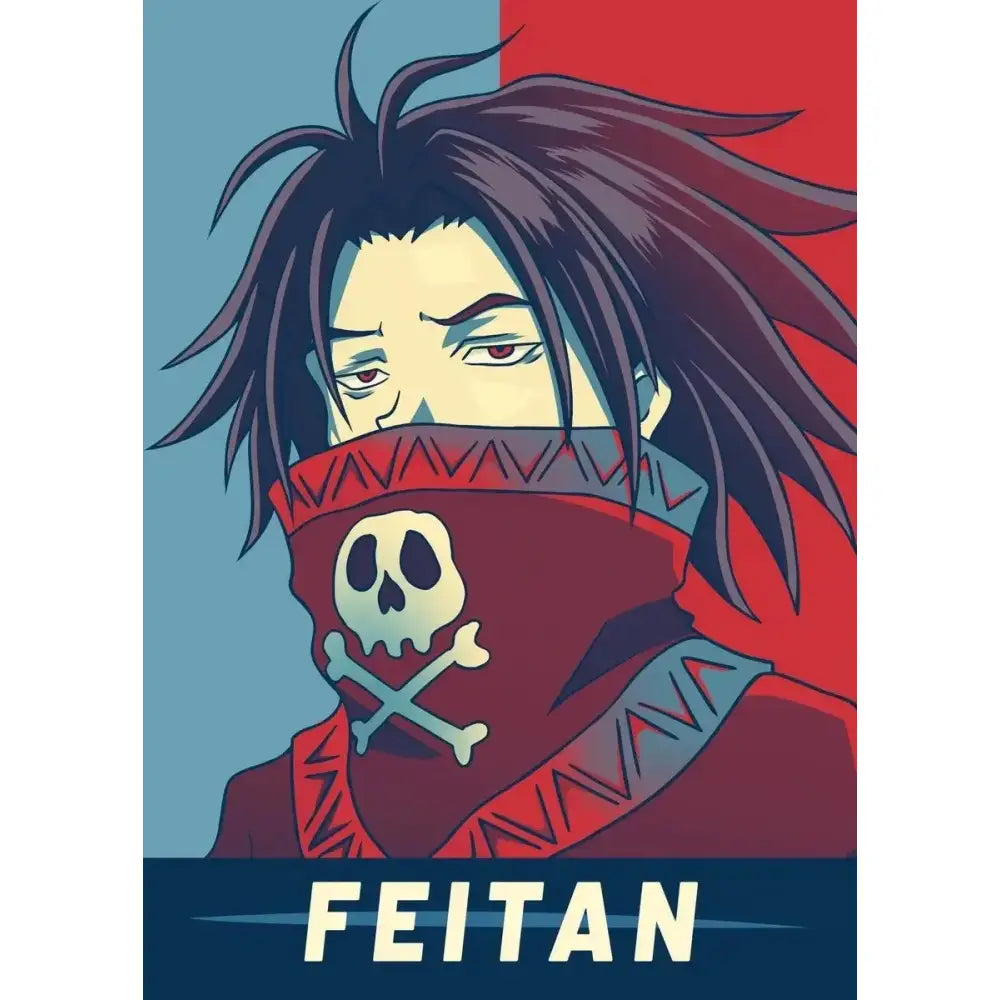 Hunter x hunter retro canvas print featuring a red bandana with white skull and crossbones and blue geometric trim for living room wall art