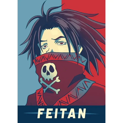Hunter x hunter retro canvas print featuring a red bandana with white skull and crossbones and blue geometric trim for living room wall art