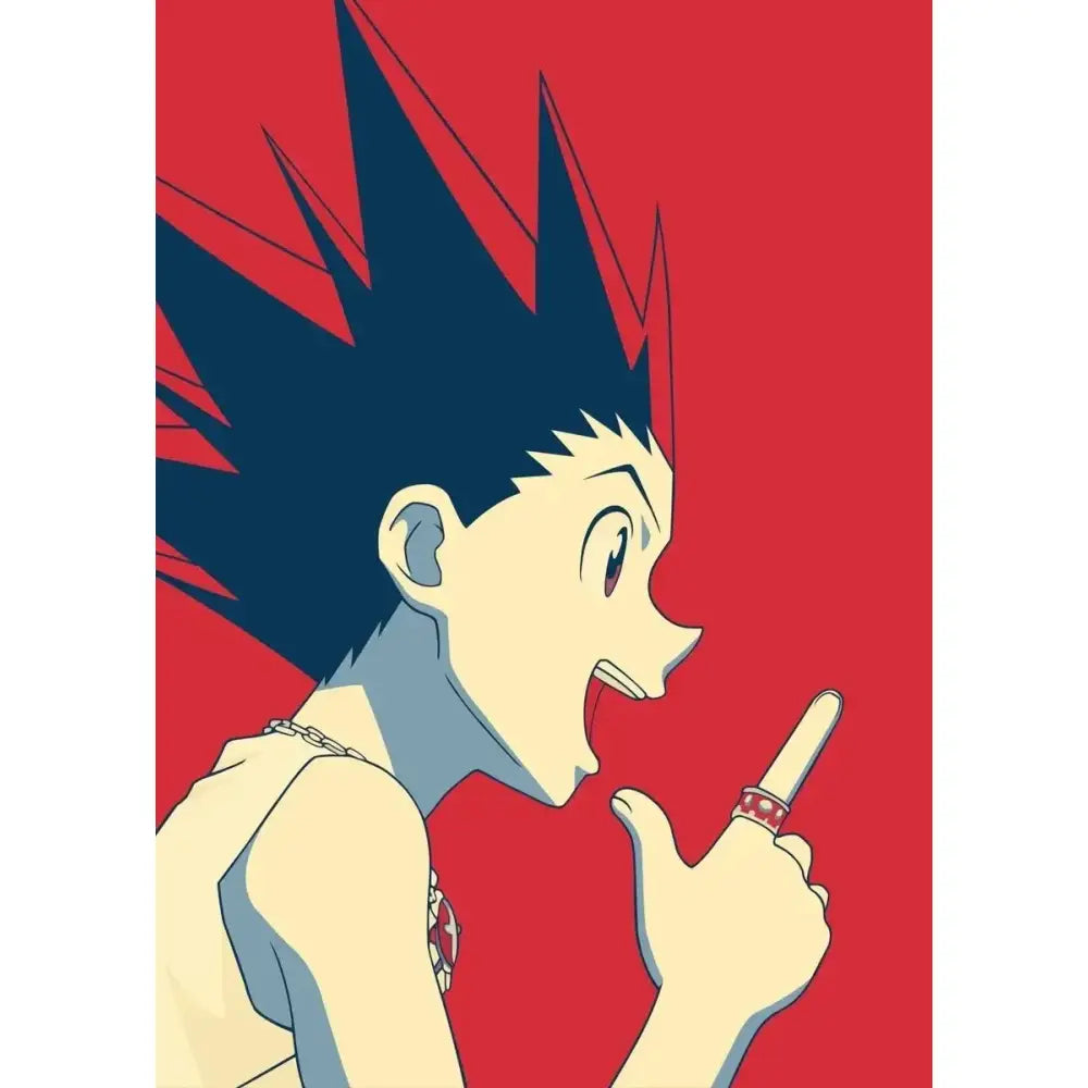 Hunter x hunter retro canvas print featuring a stylized anime character with spiky dark blue hair and silver chain necklace