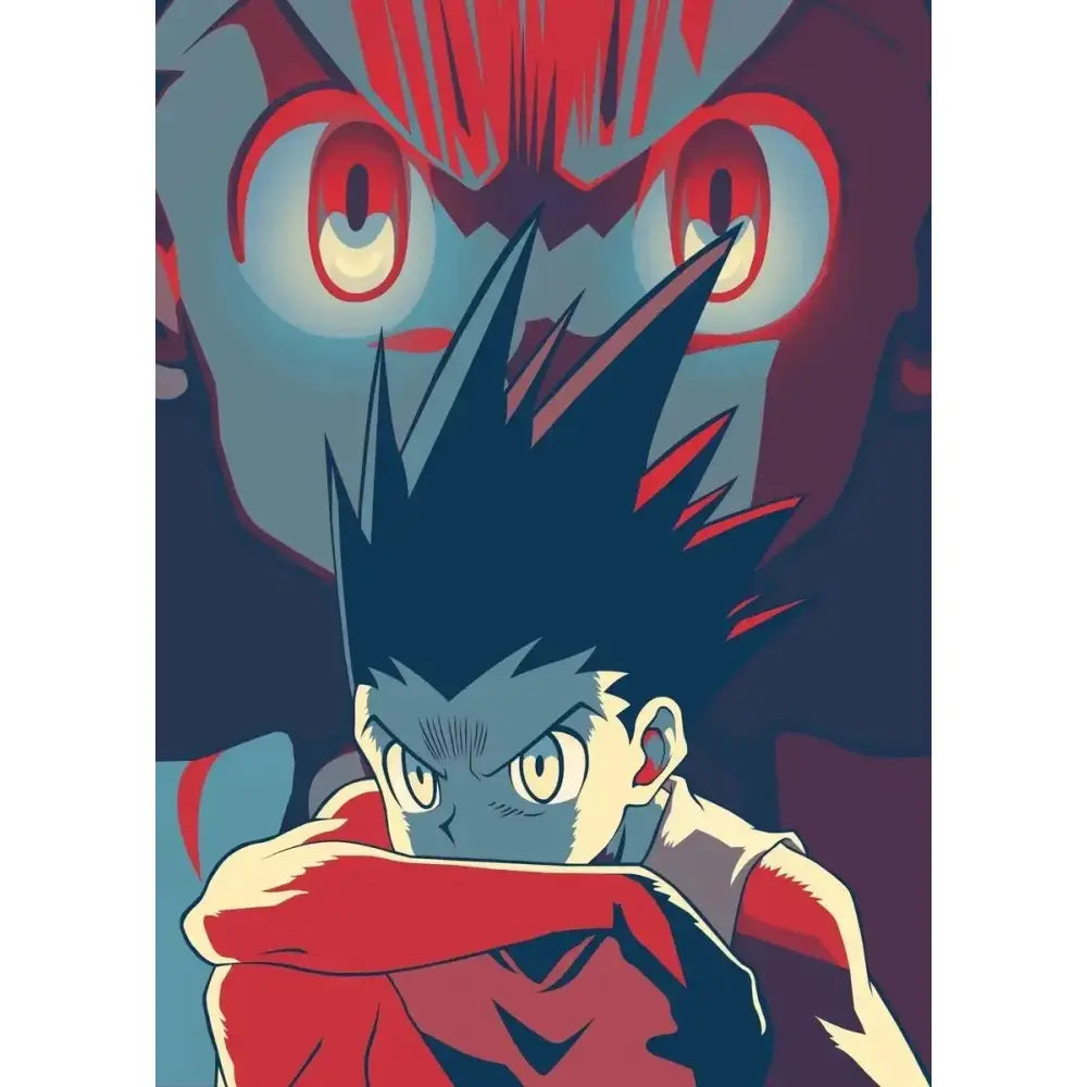 Stylized anime character with spiky black hair and yellow eyes on hunter x hunter retro canvas print for living room wall art