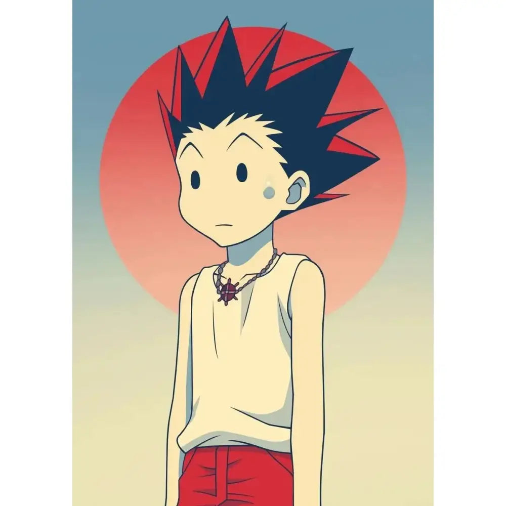 Hunter x hunter retro canvas print featuring a cartoon character with spiky black and red hair for living room wall art