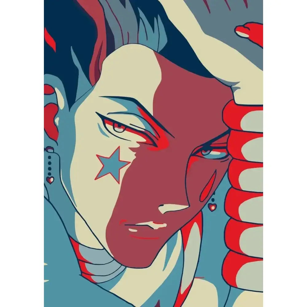 Stylized hunter x hunter retro canvas print featuring bold red and blue color blocking with a star tattoo detail