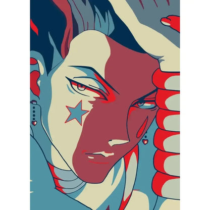 Stylized hunter x hunter retro canvas print featuring bold red and blue color blocking with a star tattoo detail