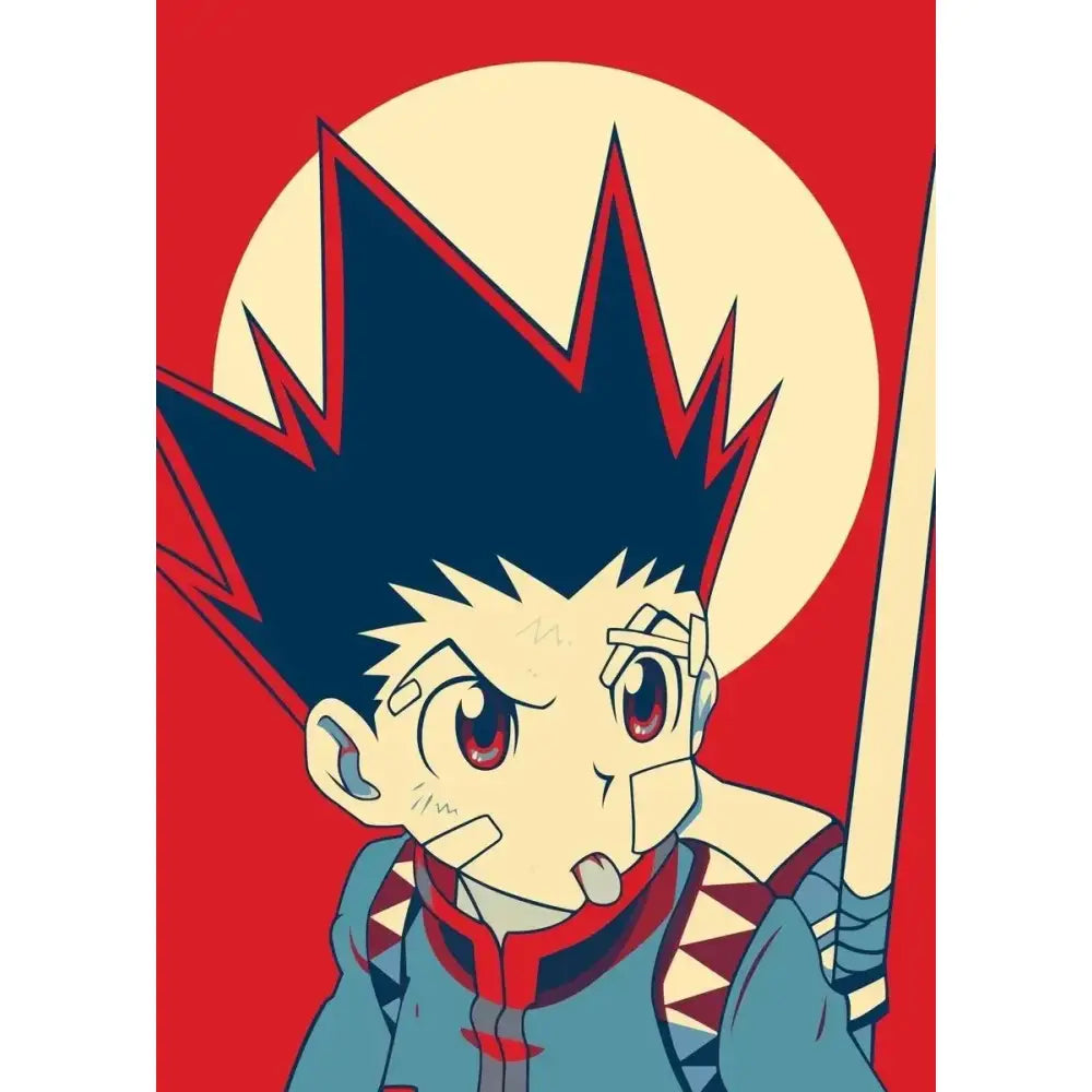 Hunter x hunter retro canvas print featuring a stylized anime character with spiky dark blue hair for living room wall art
