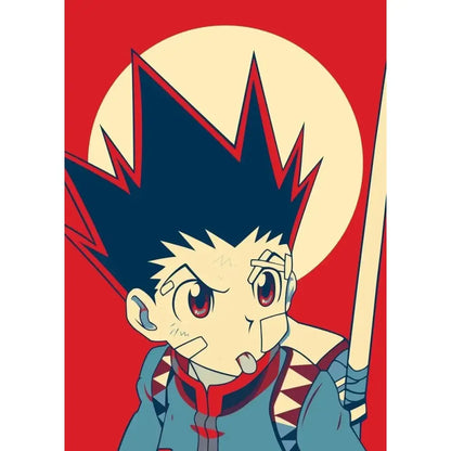 Hunter x hunter retro canvas print featuring a stylized anime character with spiky dark blue hair for living room wall art