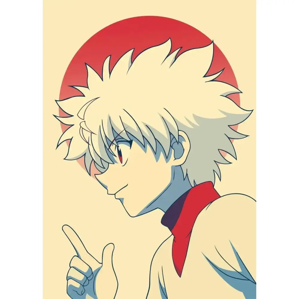 Hunter x hunter retro canvas print featuring an anime character with spiky white hair and red scarf for living room wall art