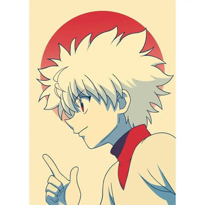 Hunter x hunter retro canvas print featuring an anime character with spiky white hair and red scarf for living room wall art