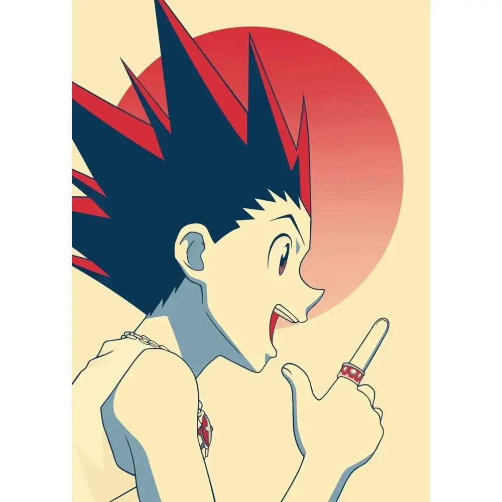 Hunter x hunter retro canvas print featuring a stylized character with spiky blue and red hair for living room wall art