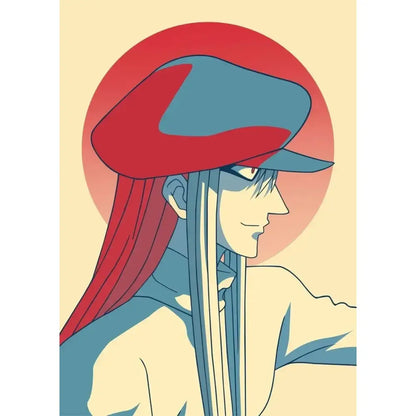 Hunter x hunter retro canvas print featuring a stylized anime character with a red and blue cap and flowing hair for wall art