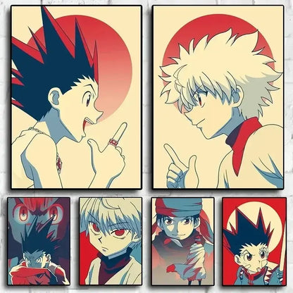 Set of six hunter x hunter retro canvas prints with bold red circular backgrounds for living room wall art
