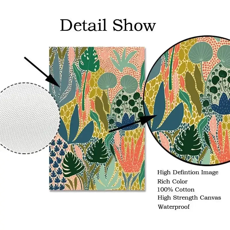 Hunter x hunter retro canvas print featuring a vibrant tropical plant pattern in greens blues yellows and coral tones