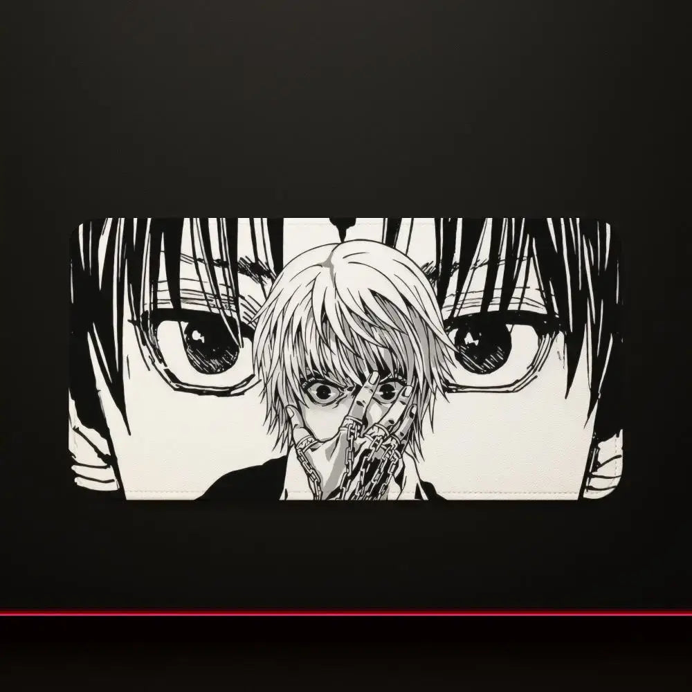 Black-and-white hunter x hunter mouse pad with stitched edges featuring silver-haired character and chain-adorned hands