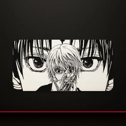 Black-and-white hunter x hunter mouse pad with stitched edges featuring silver-haired character and chain-adorned hands