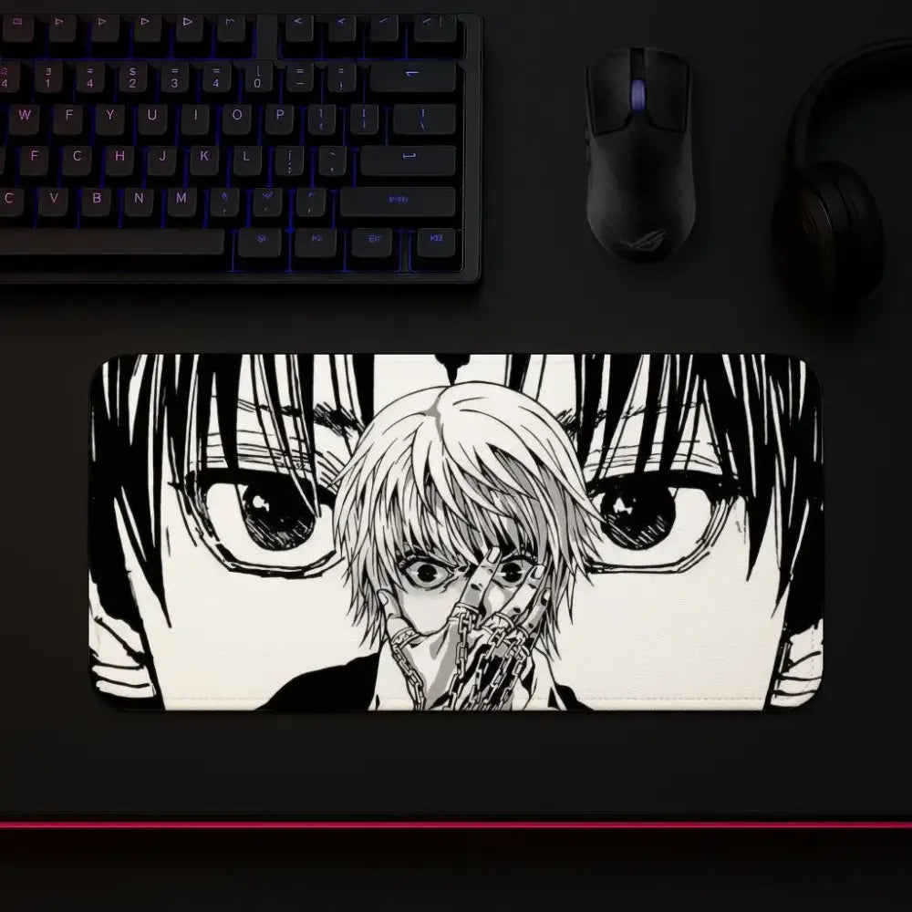 Black and white hunter x hunter mouse pad with stitched edges featuring intense eyes and stylized hair illustration