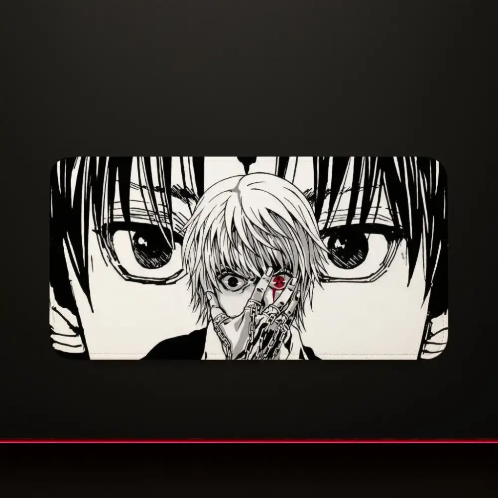 Black and white hunter x hunter mouse pad with silver hair character red eye and rubber base chains detail