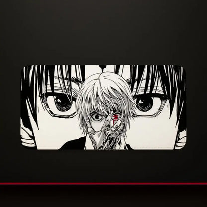 Black and white hunter x hunter mouse pad with silver hair character red eye and rubber base chains detail