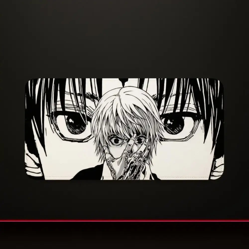 Black and white hunter x hunter mouse pad with silver hair character mechanical hands intense eyes and stitched edges