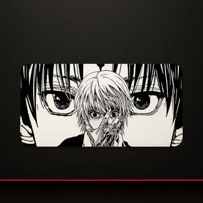 Black and white hunter x hunter mouse pad with silver hair character mechanical hands intense eyes and stitched edges