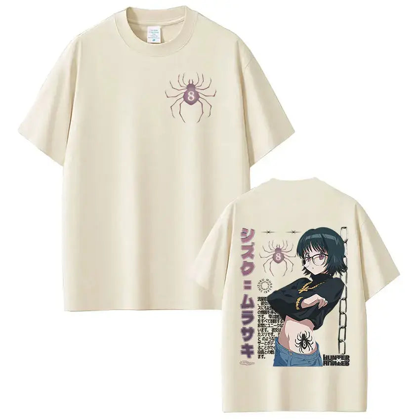 Cream-colored cotton hunter x hunter loose fit t-shirt with spider graphic front and shizuku murasaki anime design back