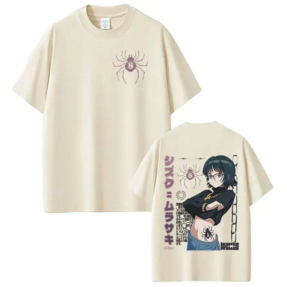 Cream-colored cotton hunter x hunter loose fit t-shirt with spider graphic front and shizuku murasaki anime design back