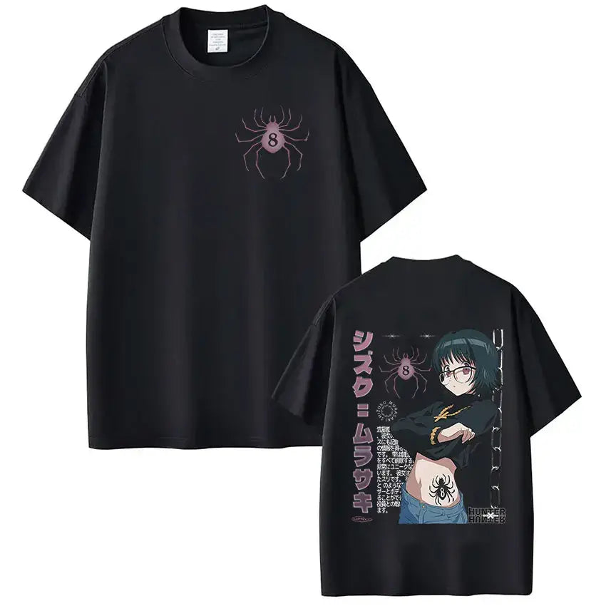 Black cotton loose fit hunter x hunter shizuku murasaki t-shirt with pink spider on front and anime design with japanese text on back