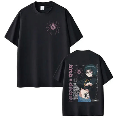 Black cotton loose fit hunter x hunter shizuku murasaki t-shirt with pink spider on front and anime design with japanese text on back