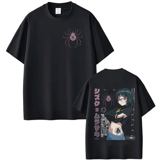 Black cotton loose fit hunter x hunter shizuku murasaki t-shirt with pink spider on front and anime design with japanese text on back