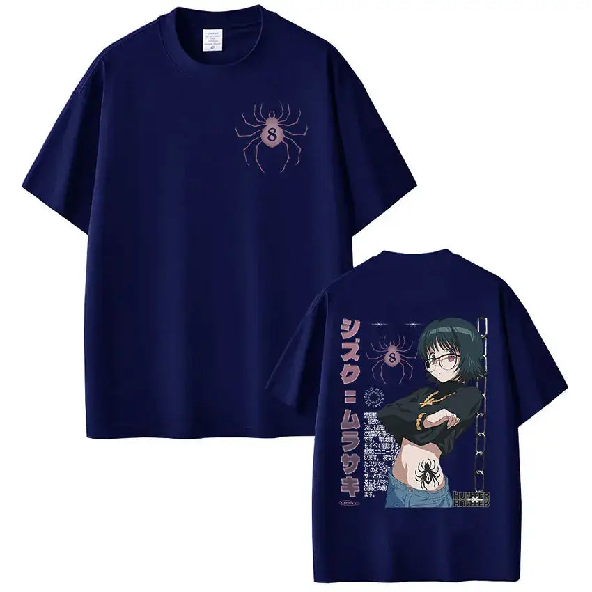 Navy blue cotton hunter x hunter loose fit t-shirt with short sleeves showing shizuku murasaki anime graphic back