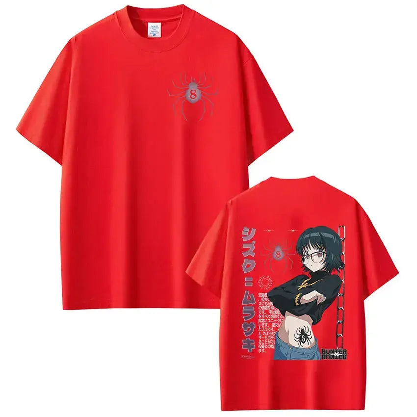 Red cotton loose fit t-shirt featuring hunter x hunter shizuku murasaki anime design with japanese text and spider motif