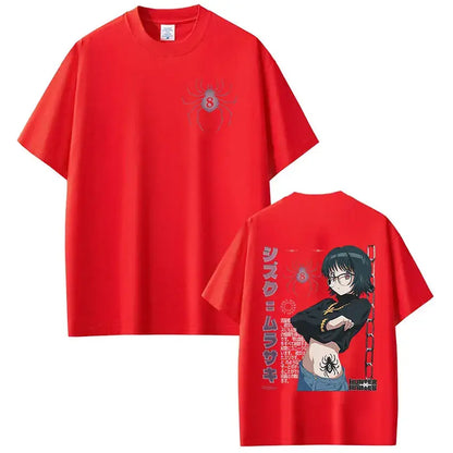 Red cotton loose fit t-shirt featuring hunter x hunter shizuku murasaki anime design with japanese text and spider motif