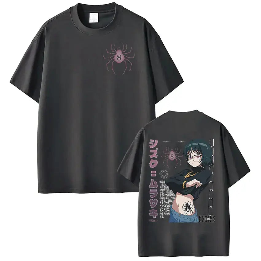 Black cotton loose fit hunter x hunter shizuku murasaki t-shirt with pink spider front and anime back design