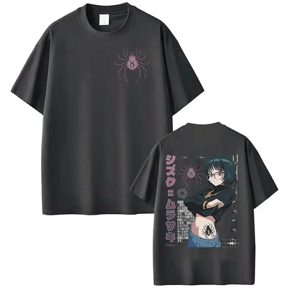 Black cotton loose fit hunter x hunter shizuku murasaki t-shirt with pink spider front and anime back design