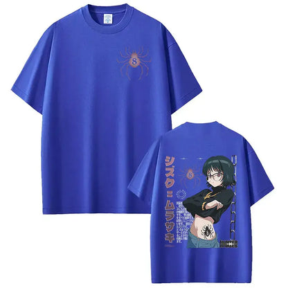 Royal blue hunter x hunter loose fit cotton t-shirt featuring shizuku murasaki anime graphic with japanese script and spider motifs
