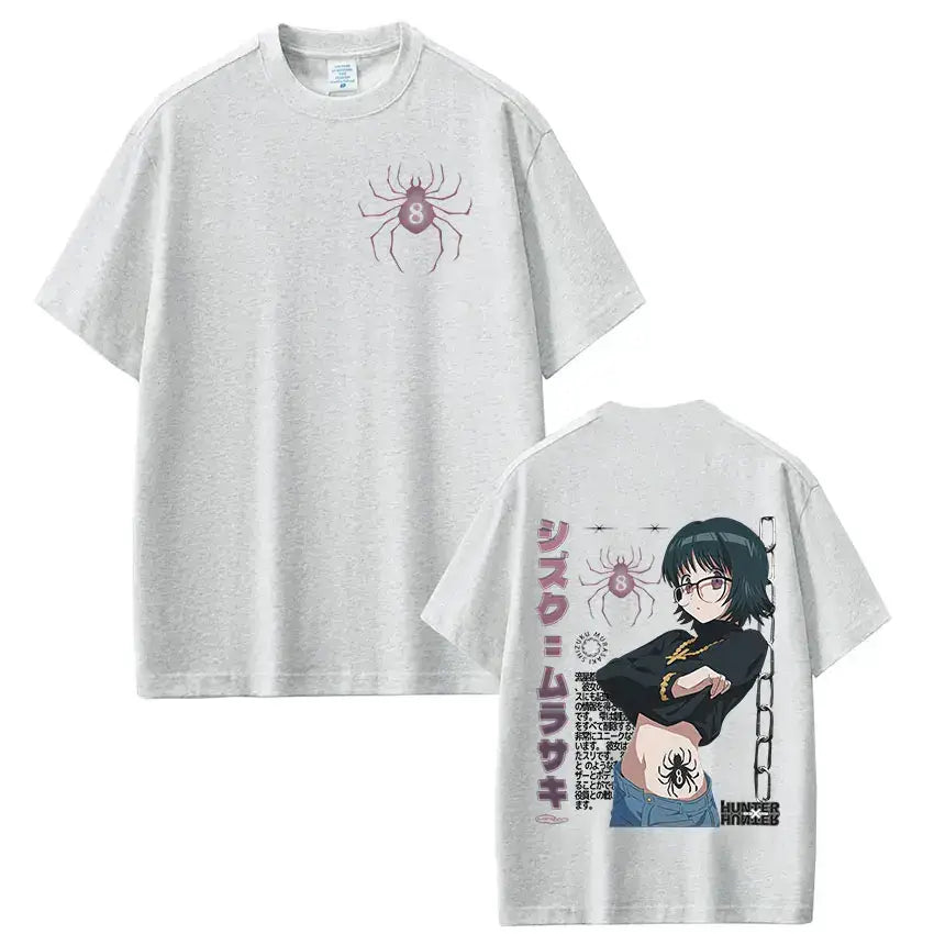 Light gray cotton hunter x hunter loose fit t-shirt with spider graphic front and shizuku murasaki anime design back view