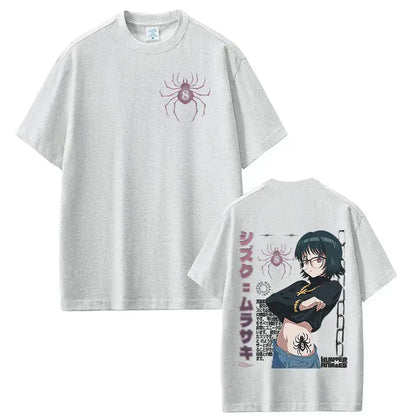 Light gray cotton hunter x hunter loose fit t-shirt with spider graphic front and shizuku murasaki anime design back view