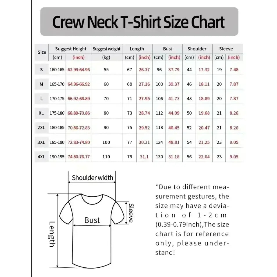 Crew neck hunter x hunter shizuku murasaki loose fit t-shirt size chart with measurements in cm and inches s to 4x cotton